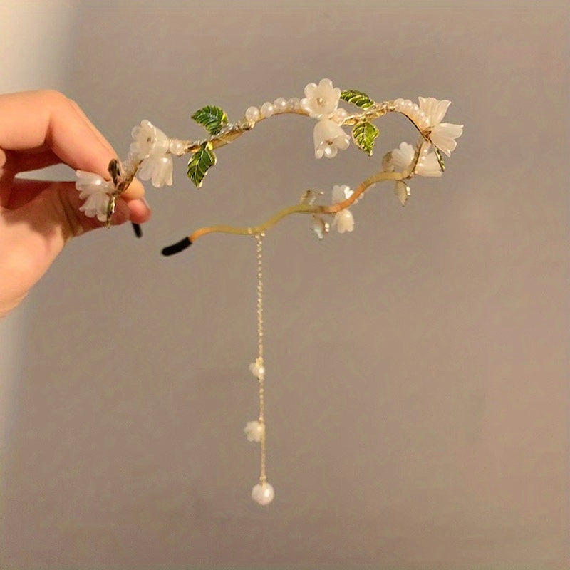 1pc Girl's New Vintage White Lily Flower Faux Pearl Tassel Temperament Elegant Women's Hair Hoop Hair Accessories, Ideal choice for Gifts