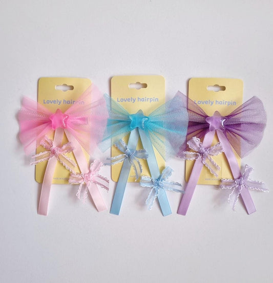 Handmade Star and Bow Hair Clip Double Ribbon Tail Petite Bow Tail Tulle Fan Style Bow Girl Toddler Bow Clip [with Pinkluvme]