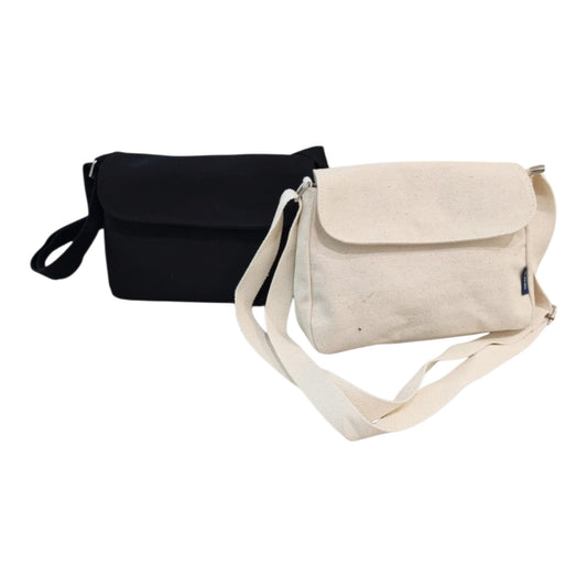 Korean Canvas Messenger Bag, Black Ivory, Adjustable Crossbody Strap, Student Shoulder Bag, Snap Button Zipper Closure