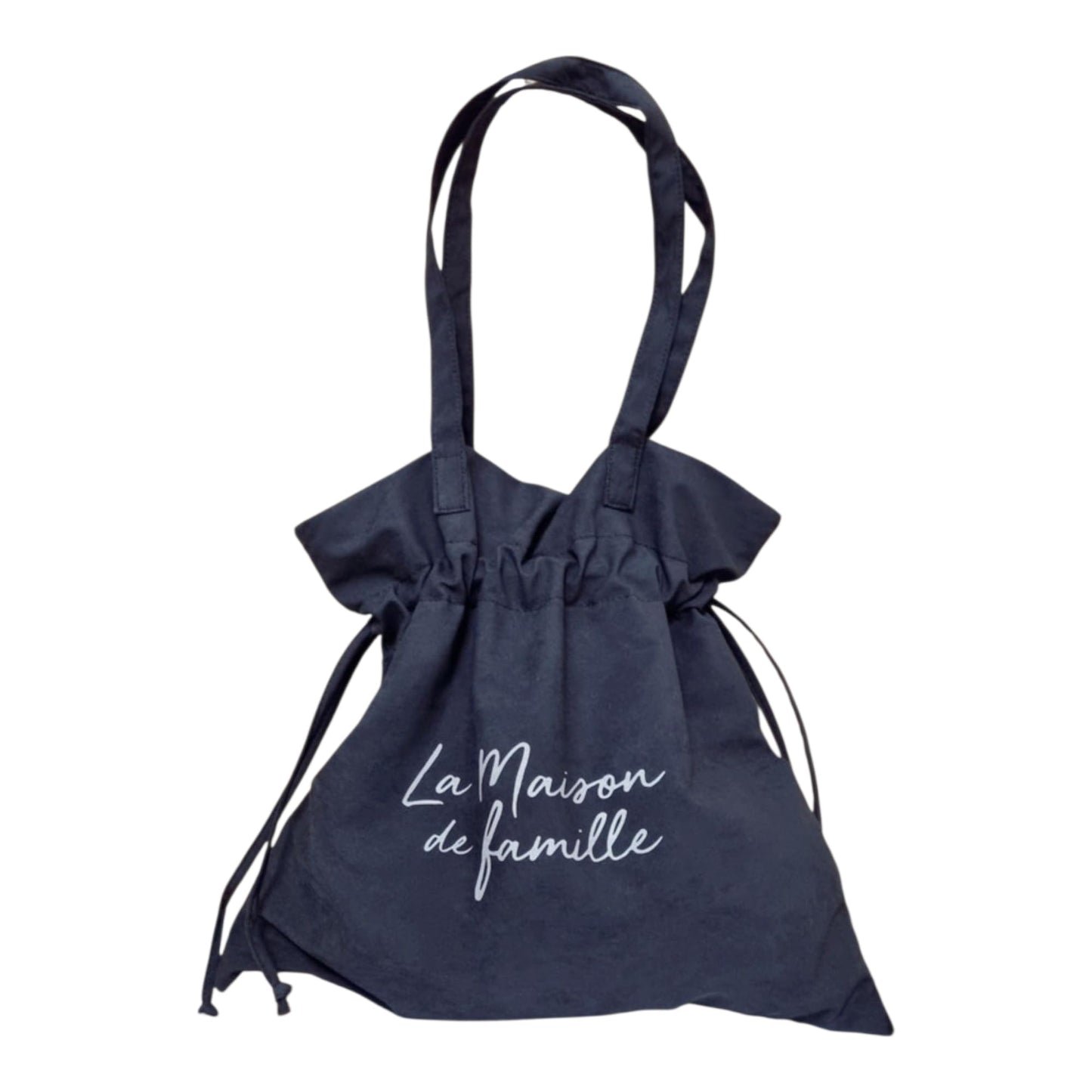 La Maison de Famille Drawstring Shoulder Bag, Korean Fashion Style, Ivory and Black, Suede Texture Fabric, 14.6x14.2x3.5 Inch