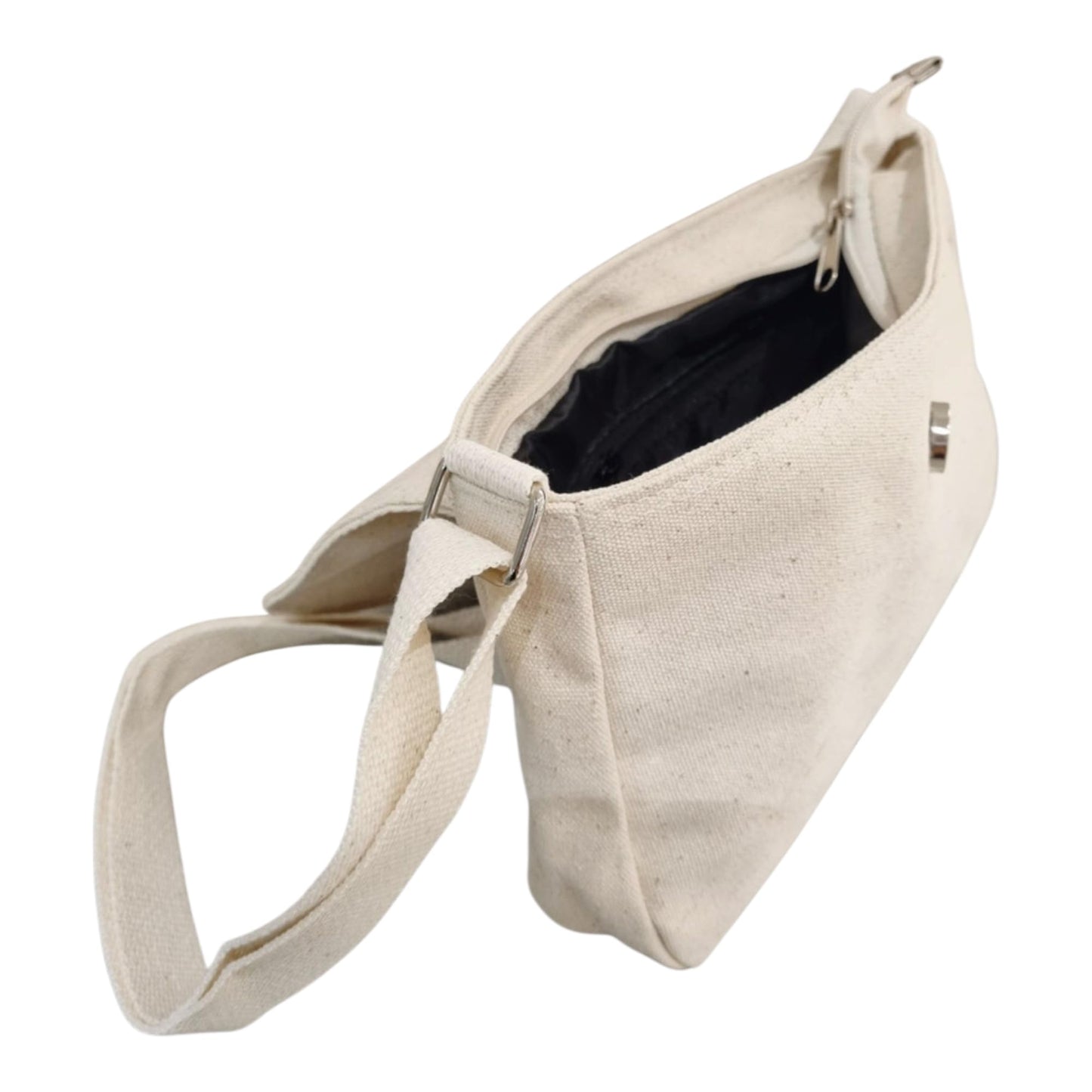 Korean Canvas Messenger Bag, Black Ivory, Adjustable Crossbody Strap, Student Shoulder Bag, Snap Button Zipper Closure