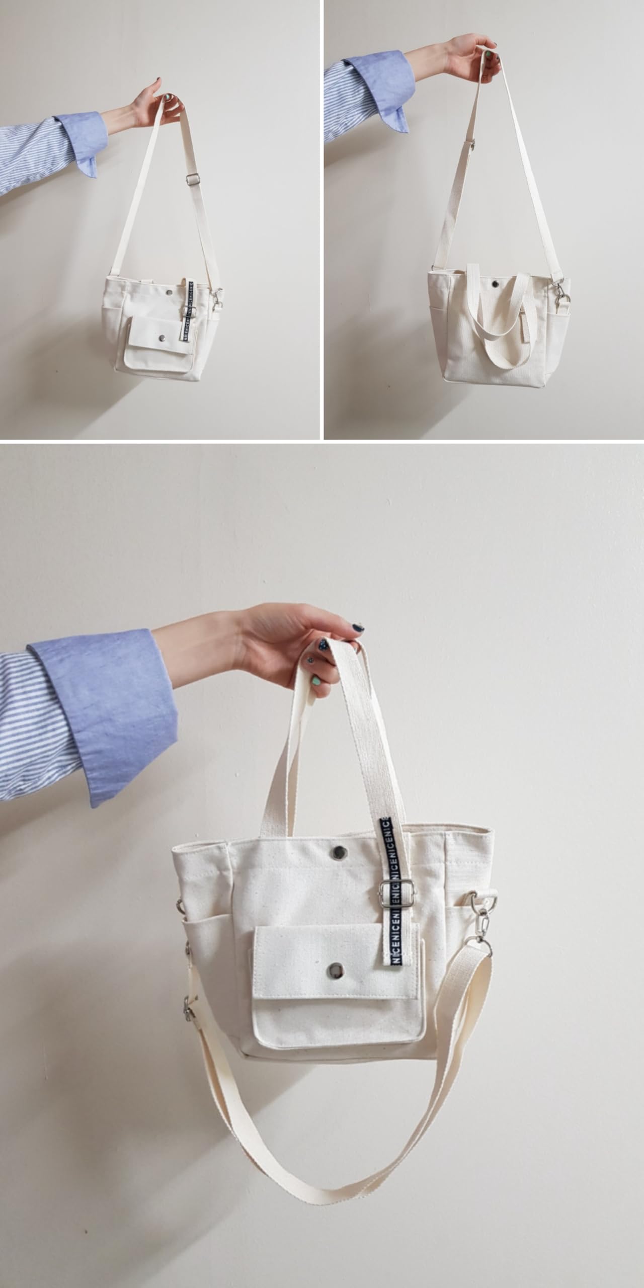 Canvas Multi-Purpose Tote Bag with Adjustable Strap, Black, Ivory, Large Capacity Storage, Cross-body Style,11.8x8.7x4.3 Inch