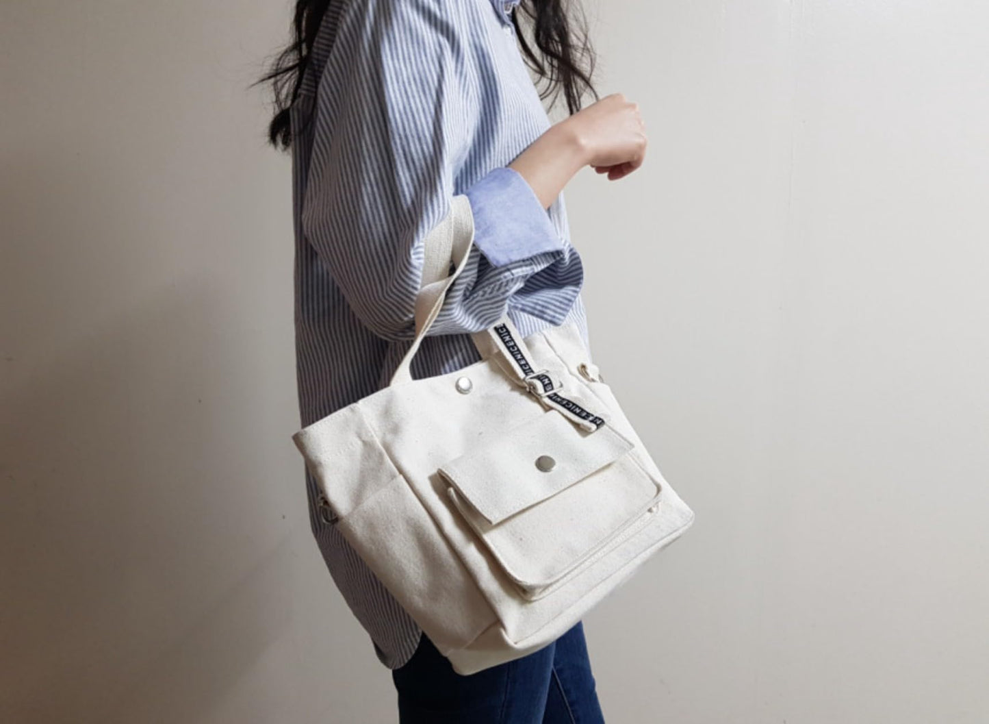 Canvas Multi-Purpose Tote Bag with Adjustable Strap, Black, Ivory, Large Capacity Storage, Cross-body Style,11.8x8.7x4.3 Inch