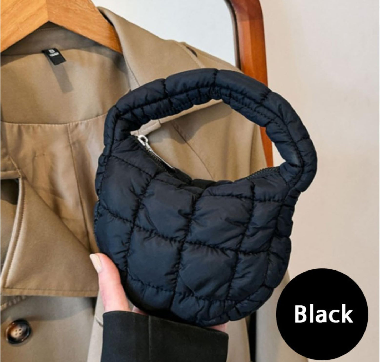 Generic Quilted Mini Tote Bag, Nylon Shoulder Handbag with Zipper, Multiple Colors, Lightweight Casual Style