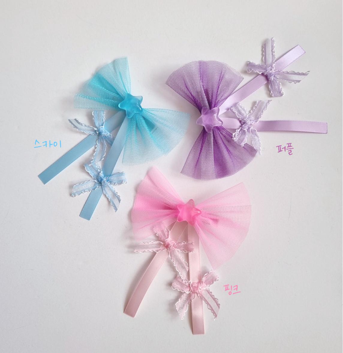 Handmade Star and Bow Hair Clip Double Ribbon Tail Petite Bow Tail Tulle Fan Style Bow Girl Toddler Bow Clip [with Pinkluvme]