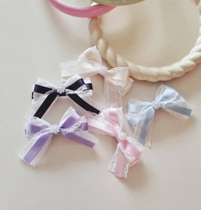 Lace & Satin Bow Hair Clip – Elegant Baby-Safe Design; Handmade in Korea Mini flower charm center classy timeless formal [with Pinkluvme]