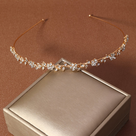 Minimal Gold Bridal Headband – Crystal Flower Wedding Hairpiece