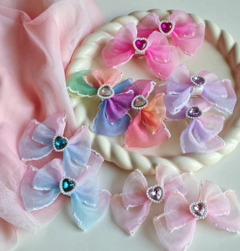 Girl Pig Tail Heart Gem Chiffon Gradation Colored Bow Ribbon Hair Pin Hair Clip 1+1 Set of 2 Pigtail Hair Clip Set Toddler [with Pinkluvme]