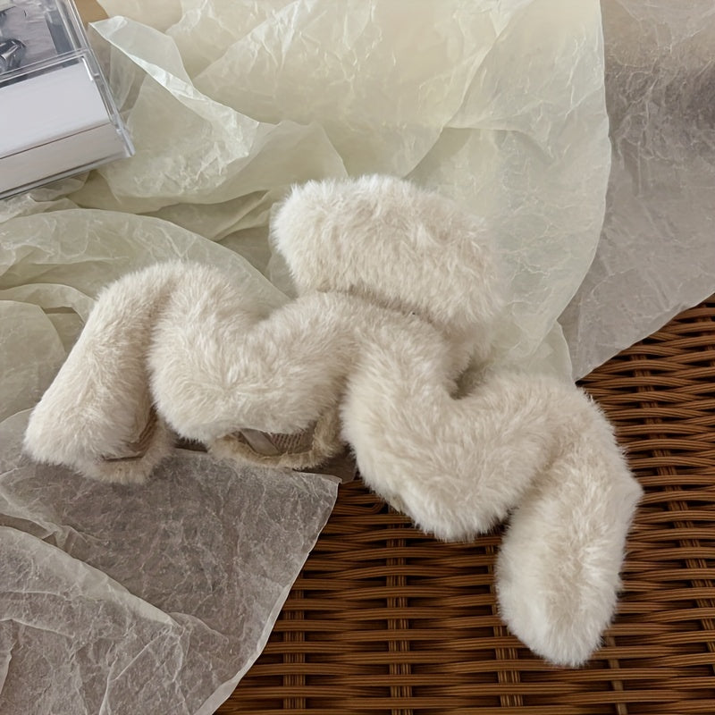 1pc Soft Wave Pattern Plush Hair Claw Clips, Winter Hair Accessories, Women Hair Clips, Large Size For Thick Hair, Christmas Gifts