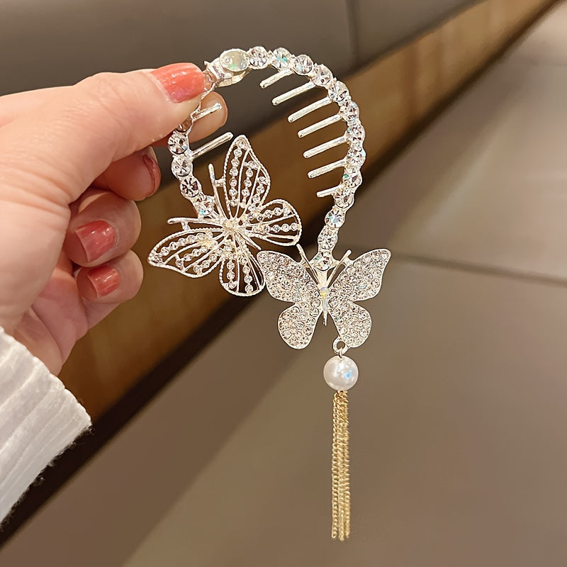 1pc Zinc Alloy Rhinestone Faux Pearl Tassel Butterfly Hair Clip, Ponytail Buckle, Hair Accessories For Teen Girls