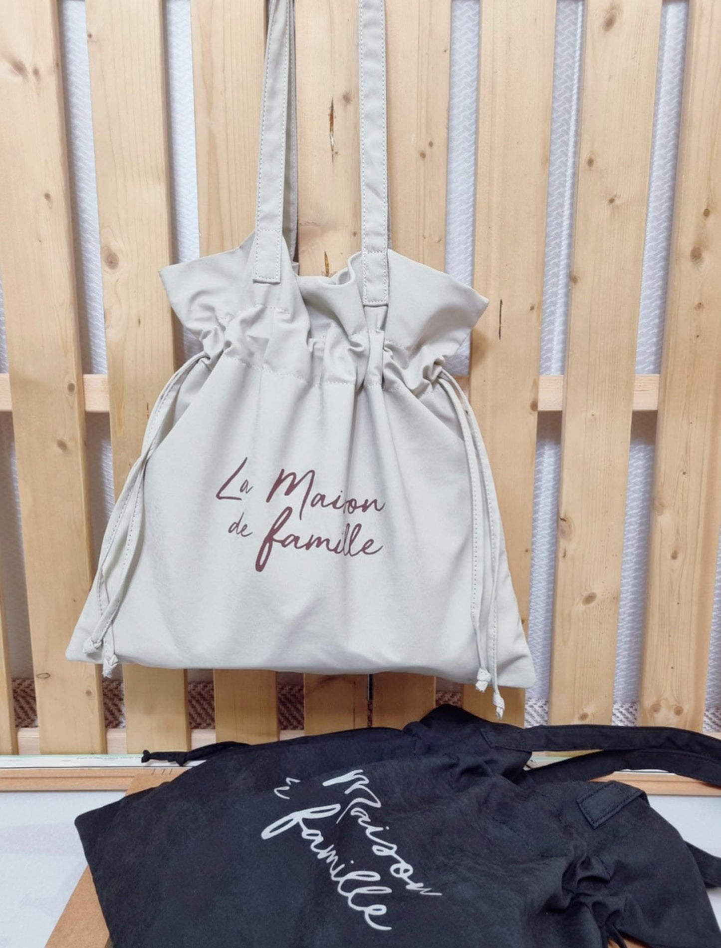 La Maison de Famille Drawstring Shoulder Bag, Korean Fashion Style, Ivory and Black, Suede Texture Fabric, 14.6x14.2x3.5 Inch