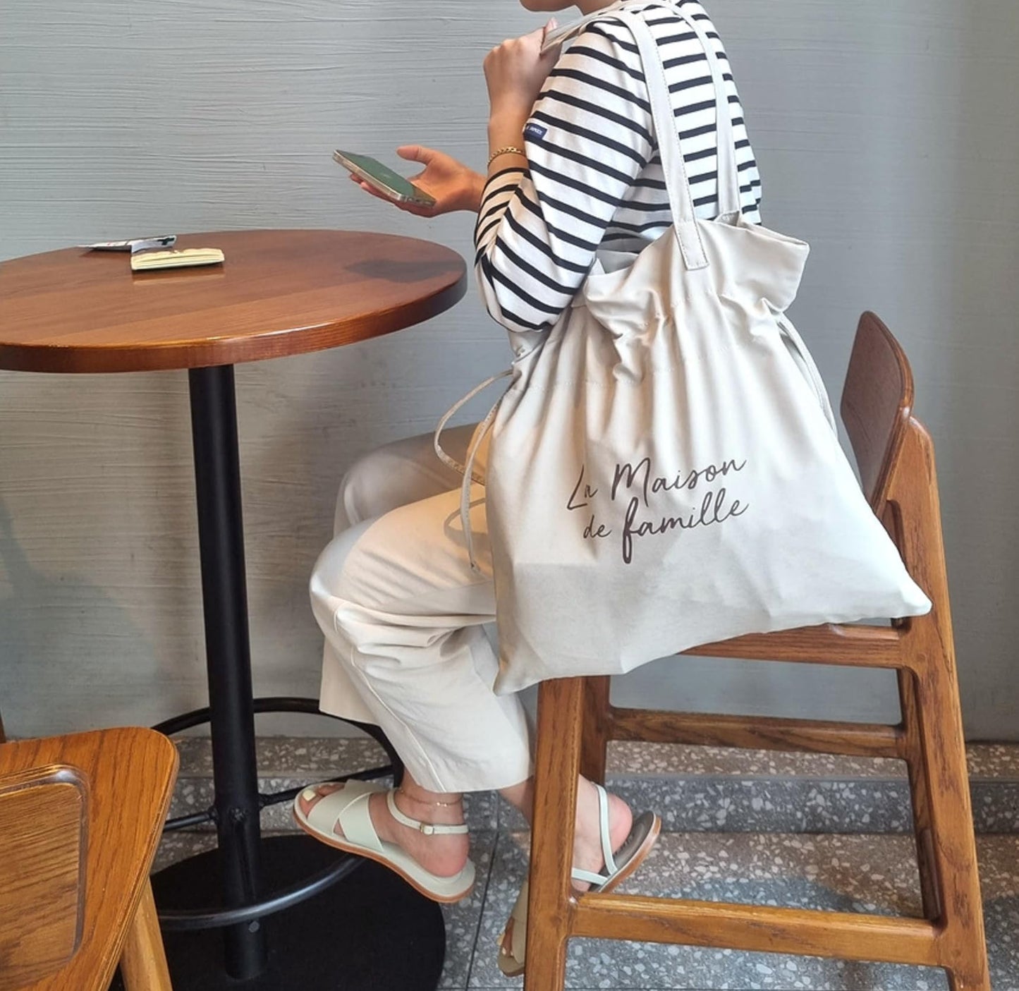 La Maison de Famille Drawstring Shoulder Bag, Korean Fashion Style, Ivory and Black, Suede Texture Fabric, 14.6x14.2x3.5 Inch