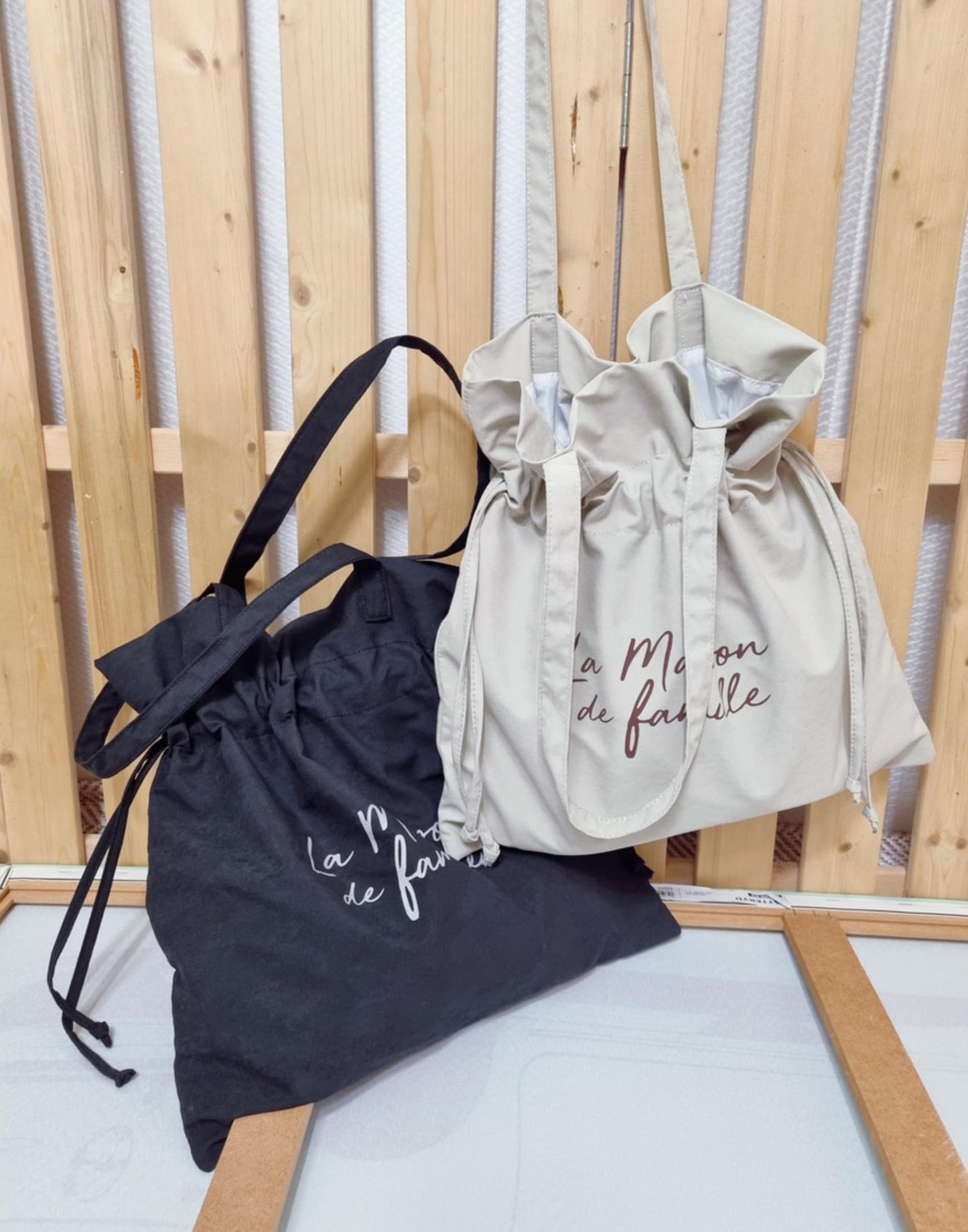 La Maison de Famille Drawstring Shoulder Bag, Korean Fashion Style, Ivory and Black, Suede Texture Fabric, 14.6x14.2x3.5 Inch