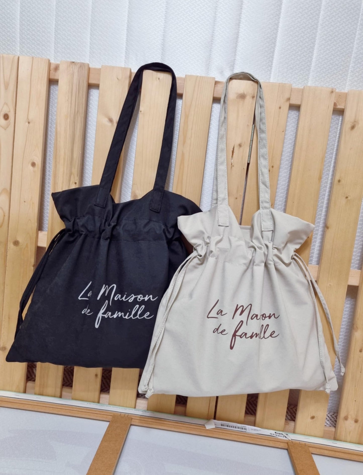 La Maison de Famille Drawstring Shoulder Bag, Korean Fashion Style, Ivory and Black, Suede Texture Fabric, 14.6x14.2x3.5 Inch