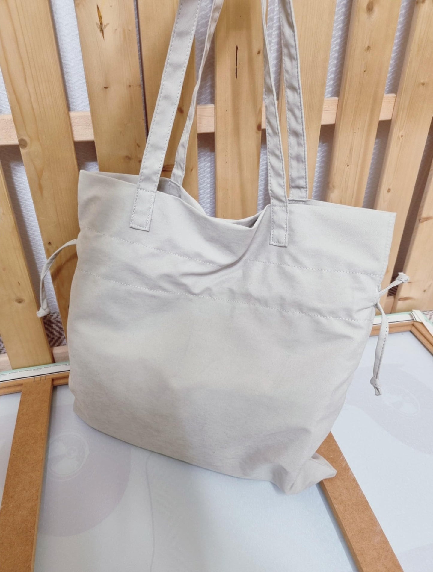 La Maison de Famille Drawstring Shoulder Bag, Korean Fashion Style, Ivory and Black, Suede Texture Fabric, 14.6x14.2x3.5 Inch