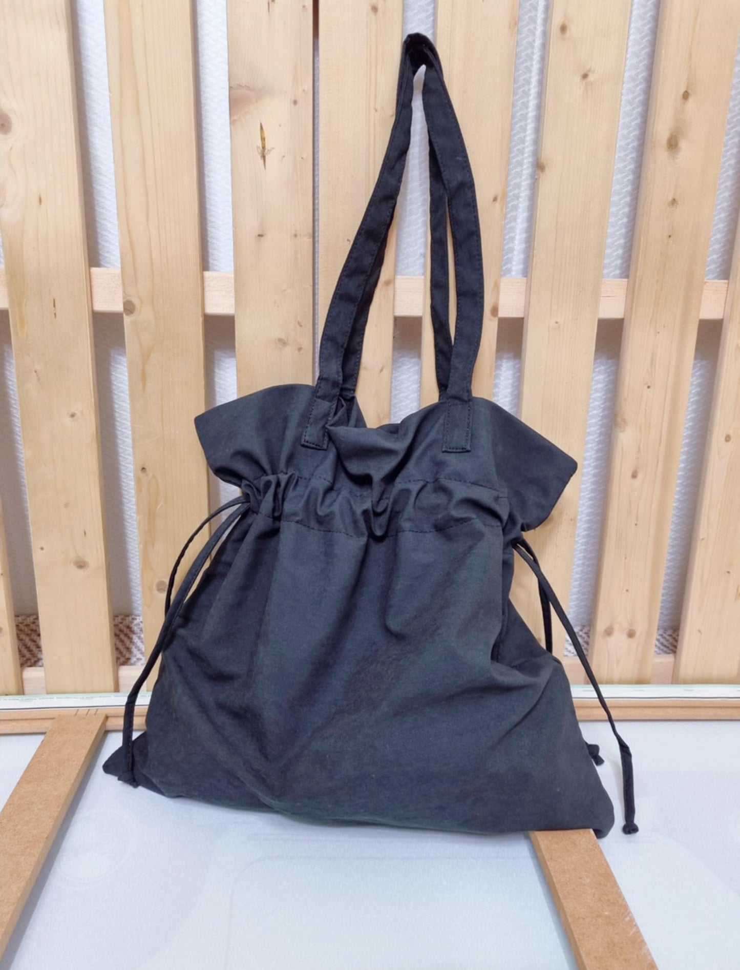 La Maison de Famille Drawstring Shoulder Bag, Korean Fashion Style, Ivory and Black, Suede Texture Fabric, 14.6x14.2x3.5 Inch