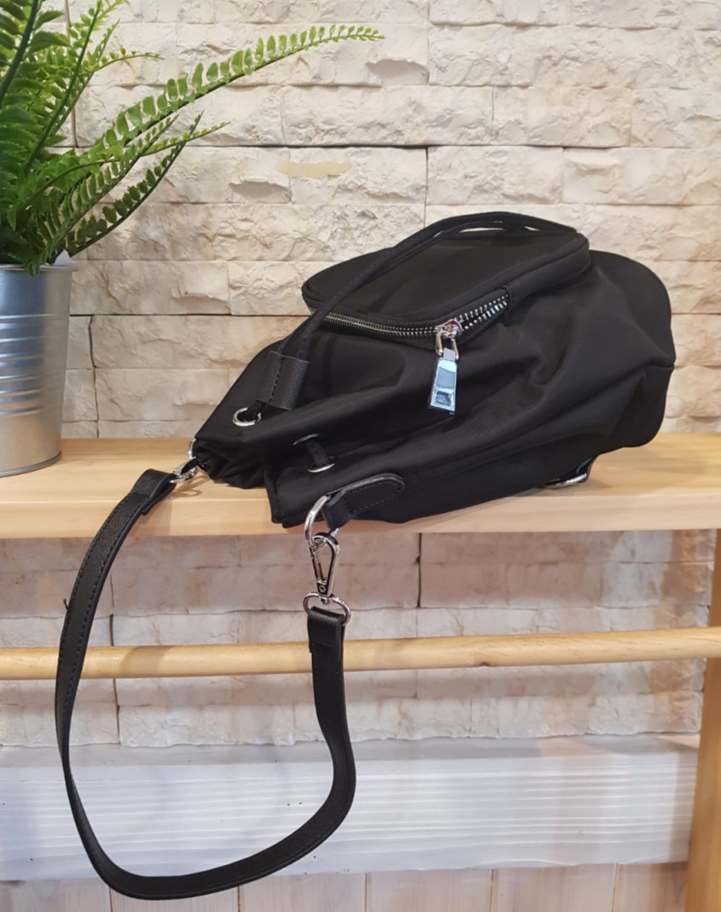 3-Way Convertible Backpack, Black Waterproof Fabric, Large Capacity Shoulder Bag, Cross Body Bag with Multiple Compartments, 7.9x8.7x4.5 Inch