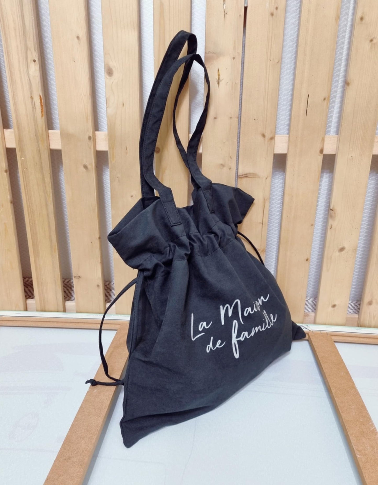 La Maison de Famille Drawstring Shoulder Bag, Korean Fashion Style, Ivory and Black, Suede Texture Fabric, 14.6x14.2x3.5 Inch