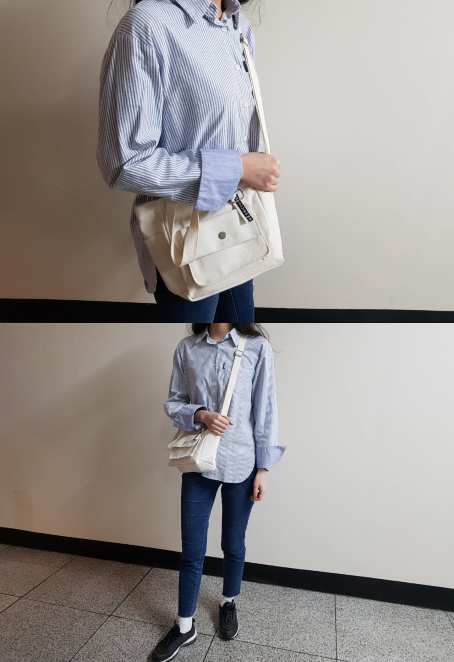 Canvas Multi-Purpose Tote Bag with Adjustable Strap, Black, Ivory, Large Capacity Storage, Cross-body Style,11.8x8.7x4.3 Inch