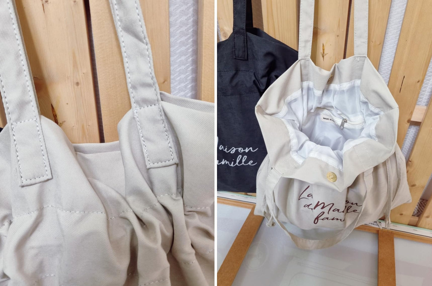 La Maison de Famille Drawstring Shoulder Bag, Korean Fashion Style, Ivory and Black, Suede Texture Fabric, 14.6x14.2x3.5 Inch