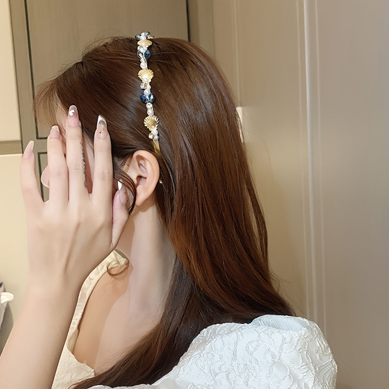 1pc, Delicate Elegant Ocean Style Headband, Shell & Starfish Glitter Thin Headband, Women Girls Mermaid Style Casual Leisure Hair Accessories, Gift Photo Props