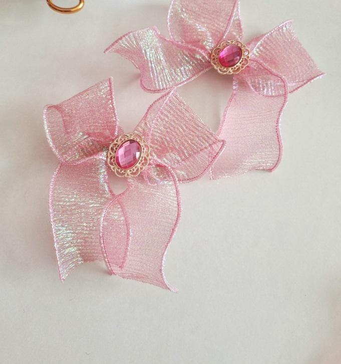 Girl Princess Gem Hair Chiffon Bow Pin Jewel Charm Ribbon Aurora Shiny Chiffon Bow Ribbon Hair Clip 1+1 Hair Pin Set of 2 [with Pinkluvme]