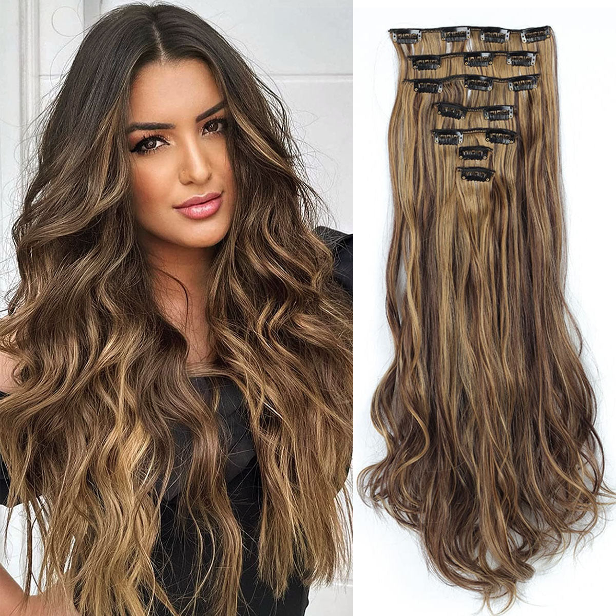 Clip In Hair Extensions 7 PCS Full Head 22 Inch Long Curly Wavy Synthetic Clip Hair Pieces Wavy Hair Pieces For Women Girls Hair Clips Hair Accessories Halloween Christmas