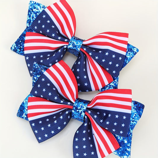 4th of July Patriotic Hair Bow Clips – USA Flag Glitter Bows (2 Pack)