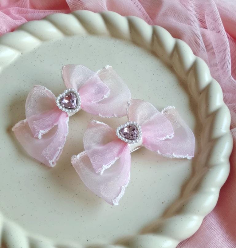 Girl Pig Tail Heart Gem Chiffon Gradation Colored Bow Ribbon Hair Pin Hair Clip 1+1 Set of 2 Pigtail Hair Clip Set Toddler [with Pinkluvme]