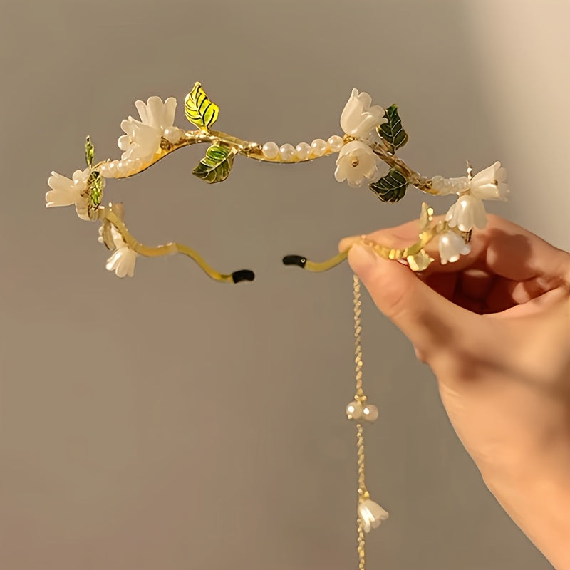 Elegant Lily Of The Valley Faux Pearl Headband - Chic Floral Tassel Hair Accessory For Women And Girls, Perfect For Parties & Photo Shoots Hair Jewelry For Women Flower Hair Accessories