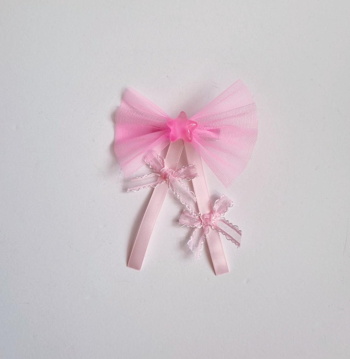 Handmade Star and Bow Hair Clip Double Ribbon Tail Petite Bow Tail Tulle Fan Style Bow Girl Toddler Bow Clip [with Pinkluvme]