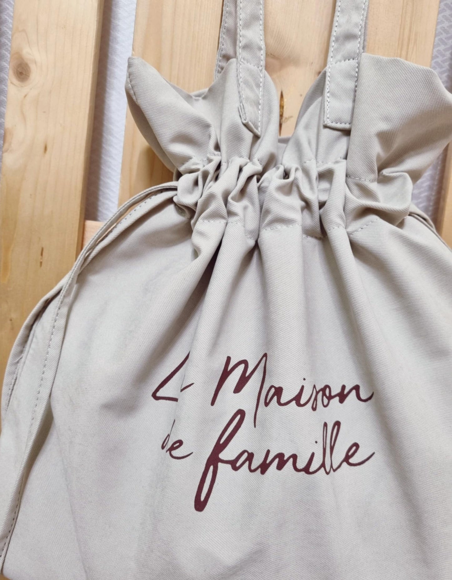 La Maison de Famille Drawstring Shoulder Bag, Korean Fashion Style, Ivory and Black, Suede Texture Fabric, 14.6x14.2x3.5 Inch