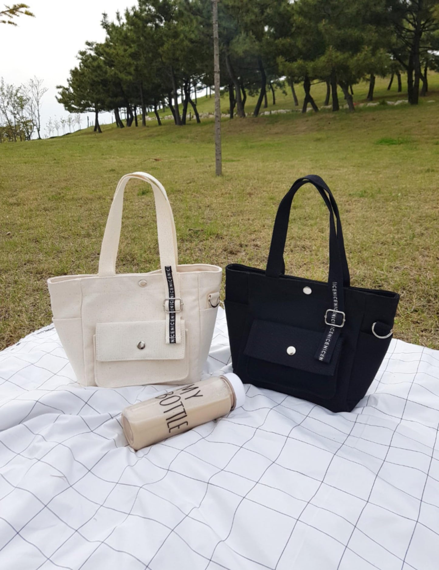 Canvas Multi-Purpose Tote Bag with Adjustable Strap, Black, Ivory, Large Capacity Storage, Cross-body Style,11.8x8.7x4.3 Inch