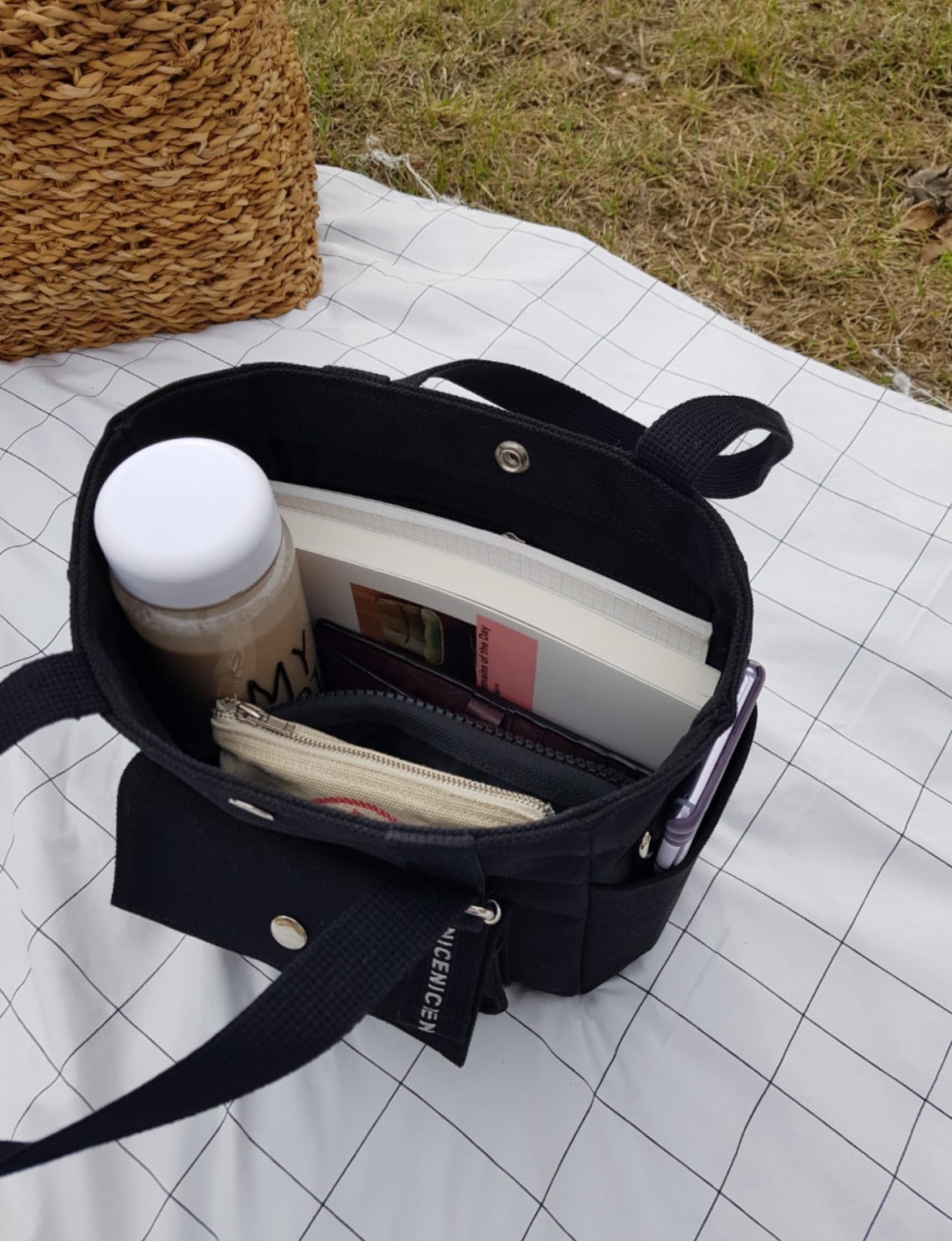 Canvas Multi-Purpose Tote Bag with Adjustable Strap, Black, Ivory, Large Capacity Storage, Cross-body Style,11.8x8.7x4.3 Inch