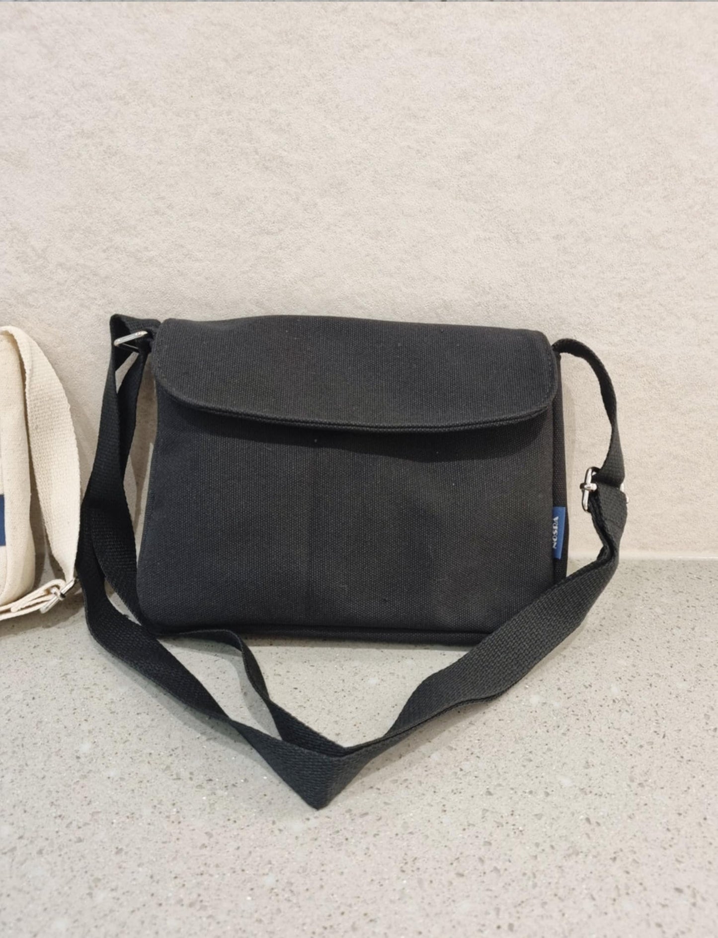 Korean Canvas Messenger Bag, Black Ivory, Adjustable Crossbody Strap, Student Shoulder Bag, Snap Button Zipper Closure