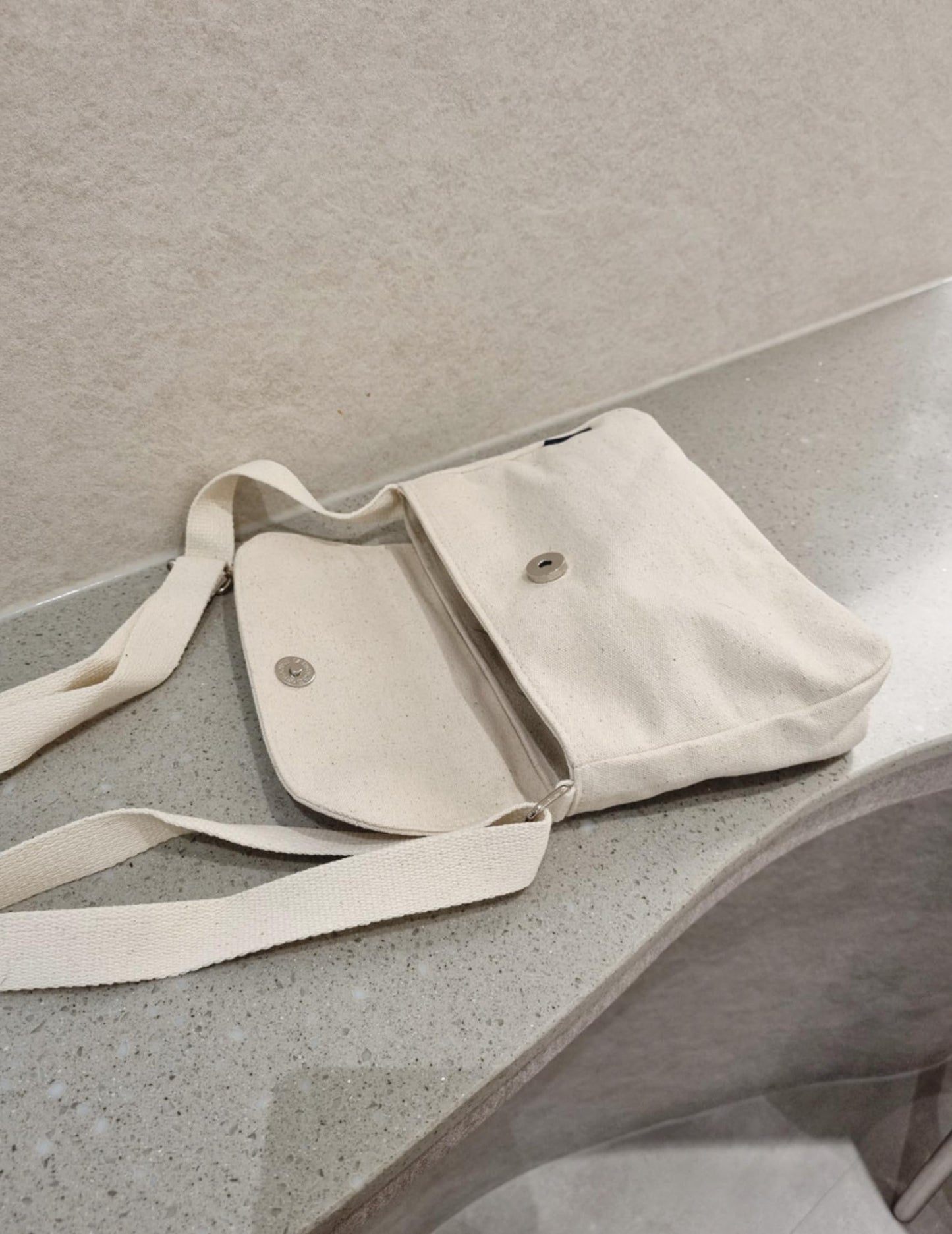 Korean Canvas Messenger Bag, Black Ivory, Adjustable Crossbody Strap, Student Shoulder Bag, Snap Button Zipper Closure