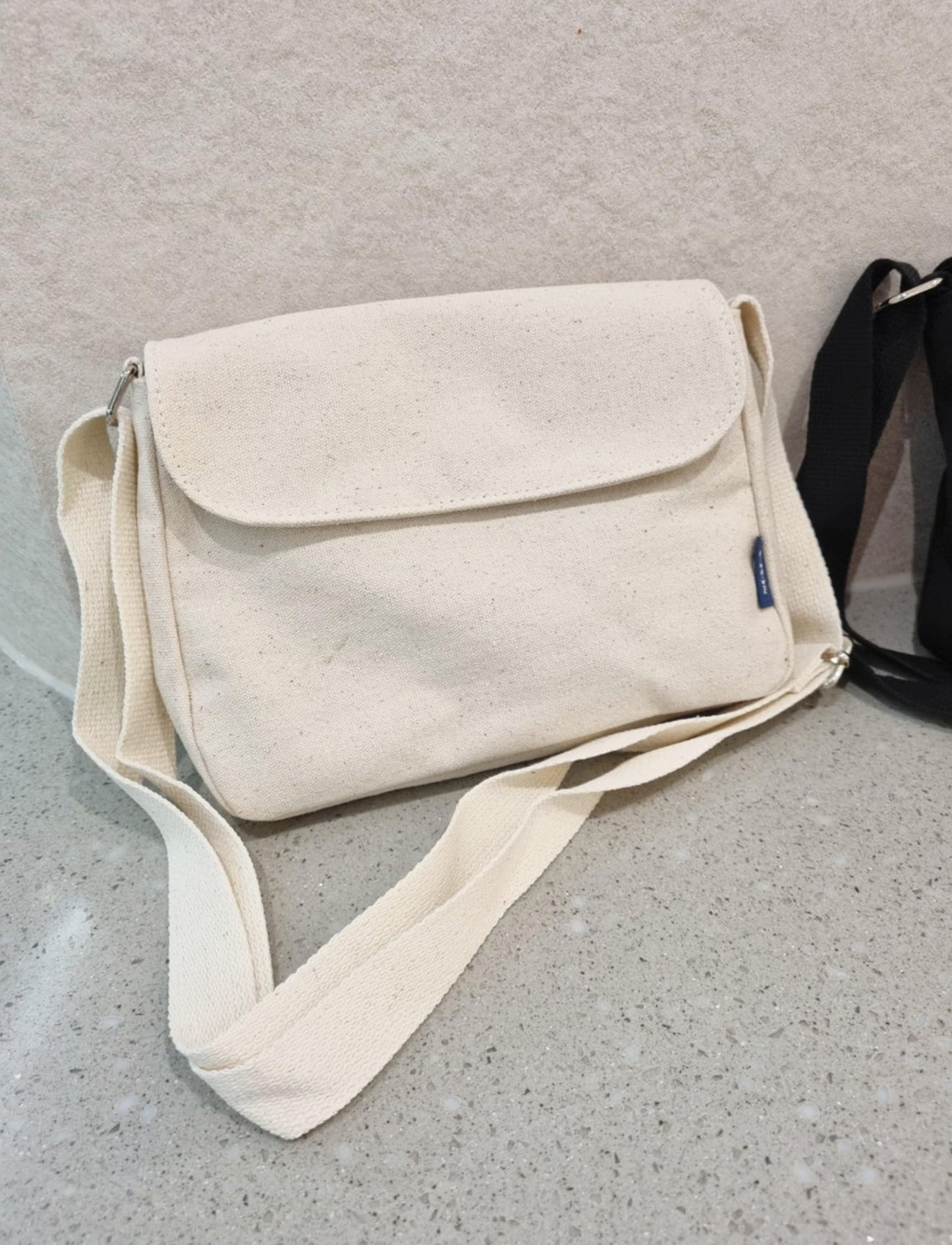 Korean Canvas Messenger Bag, Black Ivory, Adjustable Crossbody Strap, Student Shoulder Bag, Snap Button Zipper Closure