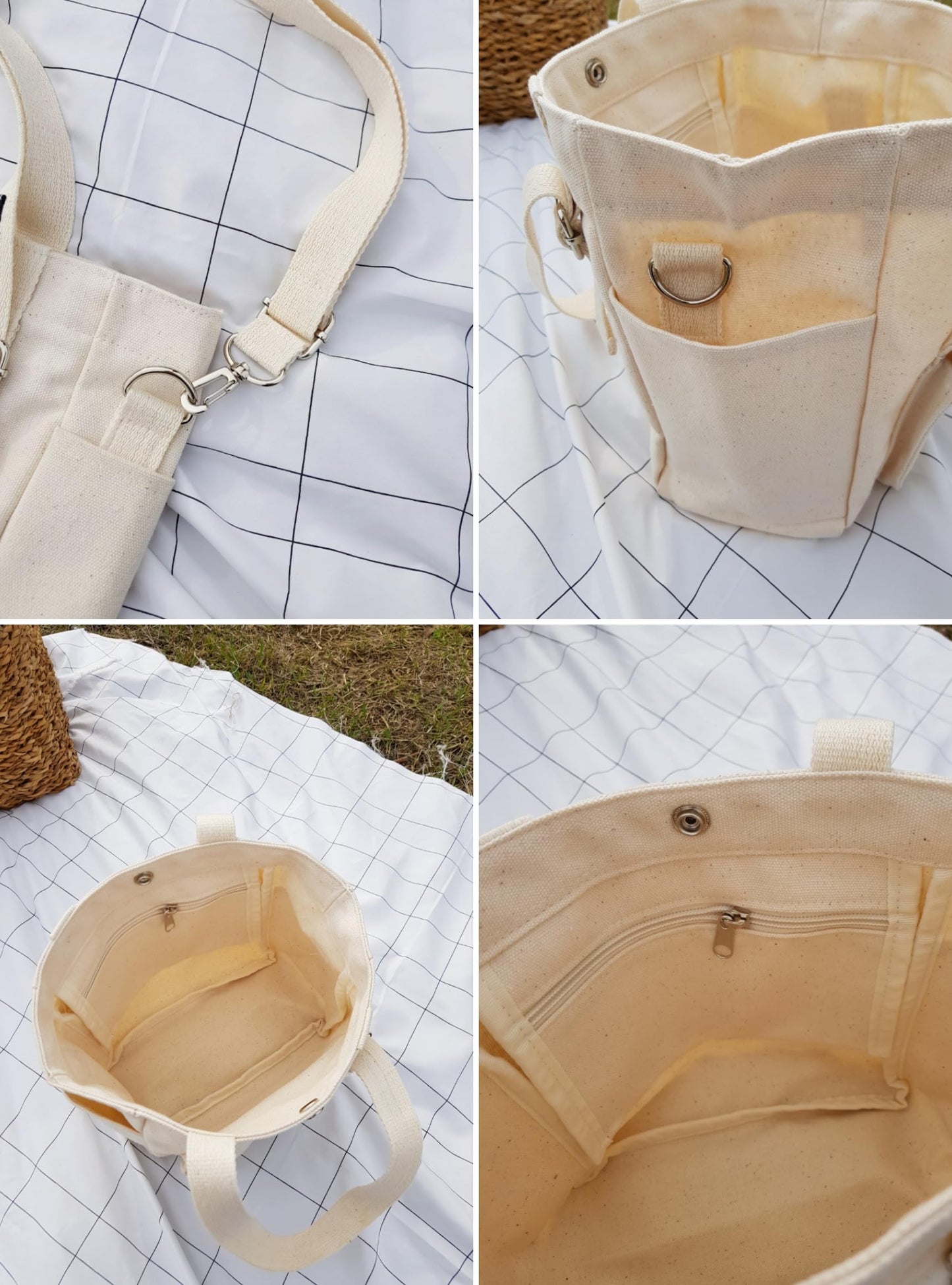 Canvas Multi-Purpose Tote Bag with Adjustable Strap, Black, Ivory, Large Capacity Storage, Cross-body Style,11.8x8.7x4.3 Inch