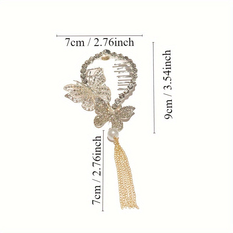 1pc Zinc Alloy Rhinestone Faux Pearl Tassel Butterfly Hair Clip, Ponytail Buckle, Hair Accessories For Teen Girls