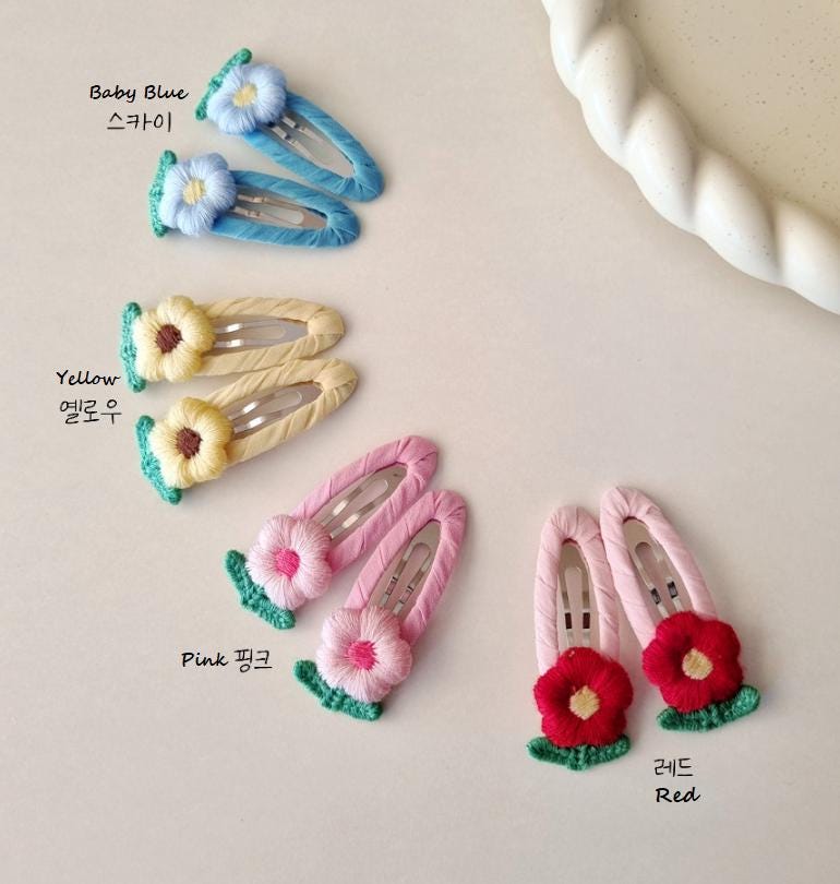 Girl Spring Flower Hair Snap Clip Handmade Spring Stitched Embroidered Flower Handwrapped Hair Clip Made in South Korea [with Pinkluvme]