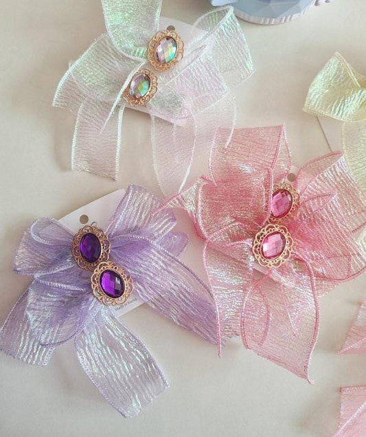 Girl Princess Gem Hair Chiffon Bow Pin Jewel Charm Ribbon Aurora Shiny Chiffon Bow Ribbon Hair Clip 1+1 Hair Pin Set of 2 [with Pinkluvme]