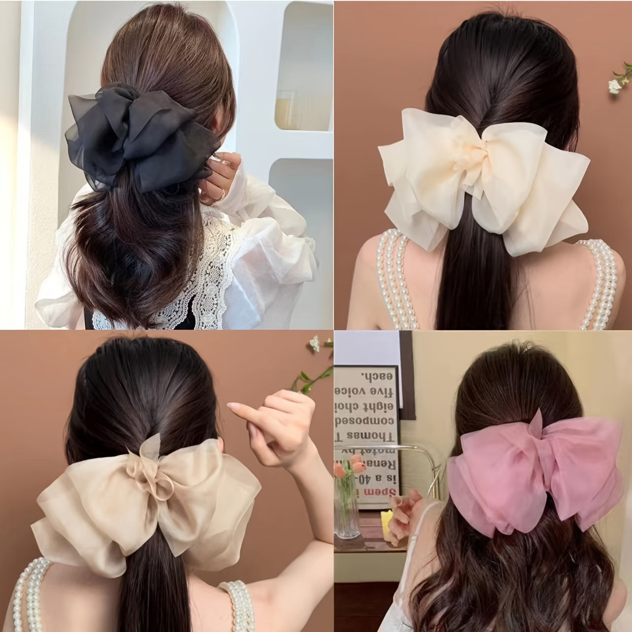 Elegant 4pcs Set Of Large Bow Hair Clips - Silky Yarn Flower Barrettes For Women & Girls, Perfect For Ponytails & Updos Hair Accessories For Women Hair Ties For Women