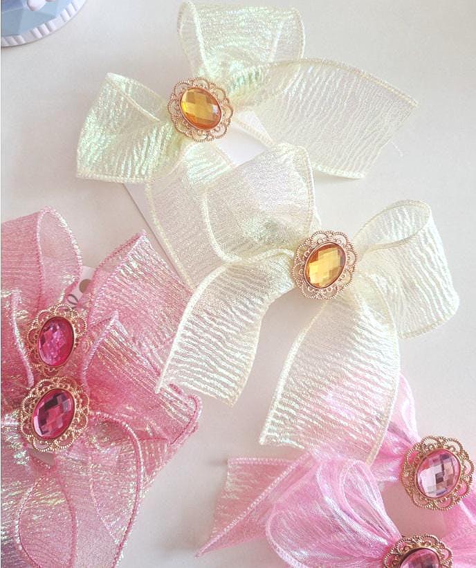 Girl Princess Gem Hair Chiffon Bow Pin Jewel Charm Ribbon Aurora Shiny Chiffon Bow Ribbon Hair Clip 1+1 Hair Pin Set of 2 [with Pinkluvme]
