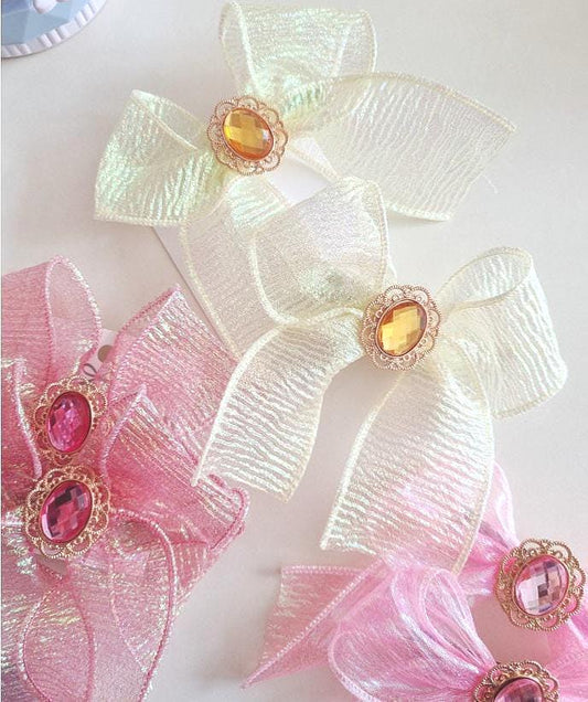 Girl Princess Gem Hair Chiffon Bow Pin Jewel Charm Ribbon Aurora Shiny Chiffon Bow Ribbon Hair Clip 1+1 Hair Pin Set of 2 [with Pinkluvme]