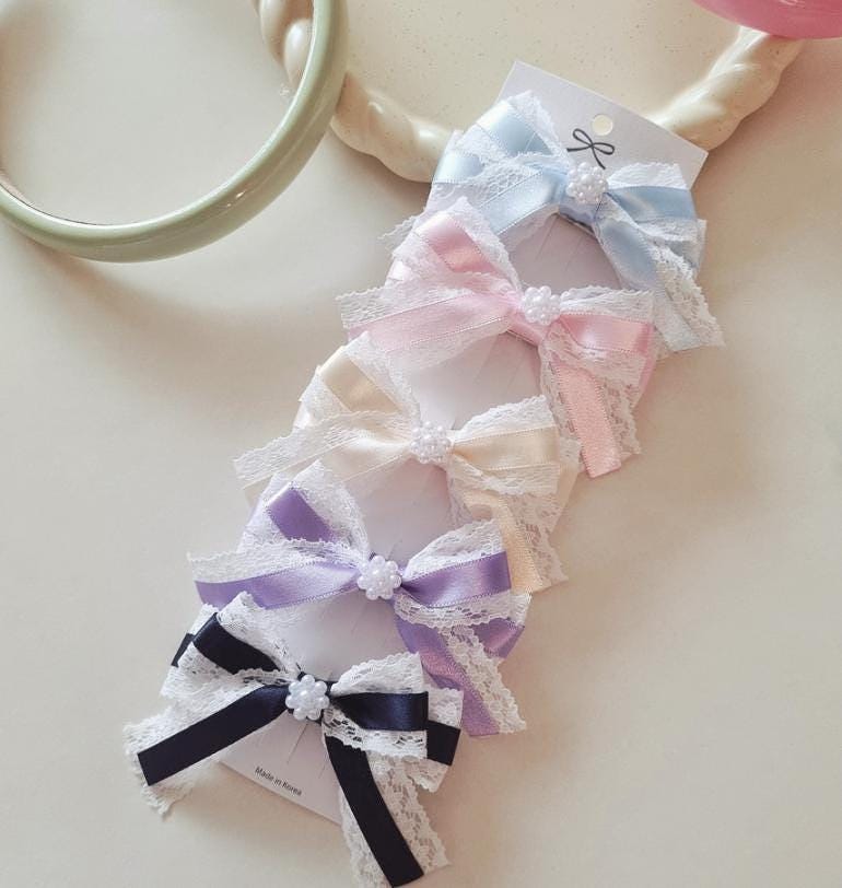Lace & Satin Bow Hair Clip – Elegant Baby-Safe Design; Handmade in Korea Mini flower charm center classy timeless formal [with Pinkluvme]