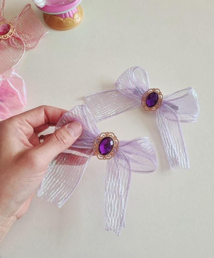 Girl Princess Gem Hair Chiffon Bow Pin Jewel Charm Ribbon Aurora Shiny Chiffon Bow Ribbon Hair Clip 1+1 Hair Pin Set of 2 [with Pinkluvme]