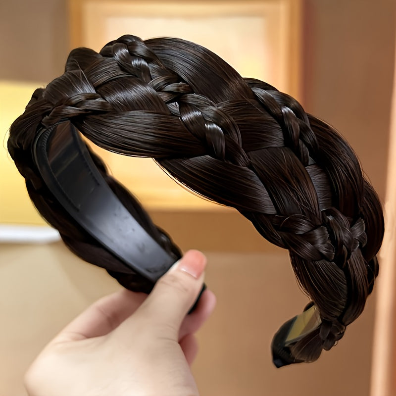 1pc Synthetic Braided Headband Handmade Natural Looking Extra Wide Braided Hair Hoop Elegant Twisted Braids Hair Band Fishbone Braid Weave Hair Accessories