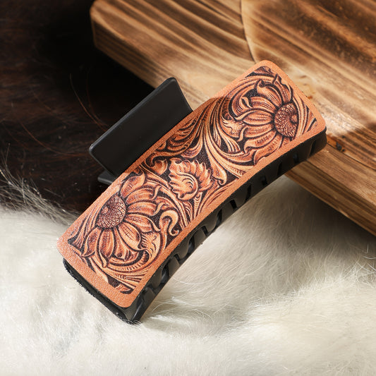 1pc Western Cowboy Style Printed PU Leather Hair Claw Clip Large Non Slip Rectangular Hair Grab Clip Trendy Hair Accessories For Women And daily uses
