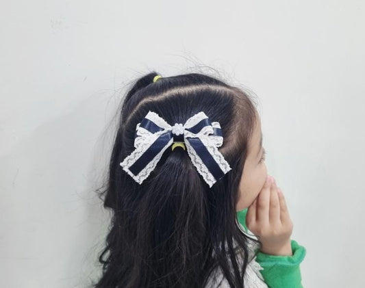Lace & Satin Bow Hair Clip – Elegant Baby-Safe Design; Handmade in Korea Mini flower charm center classy timeless formal [with Pinkluvme]