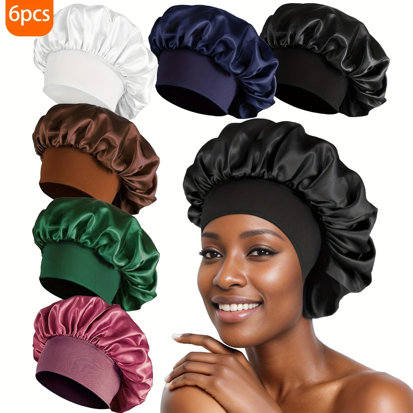 6pcs Soft Satin Sleep Bonnets - Skullies & Beanies for Women, Comfortable Night Hair Protection, Breathable Elastic Band Hair Care Cover for Sleeping, Gentle Hair Accessories for Beauty Sleep